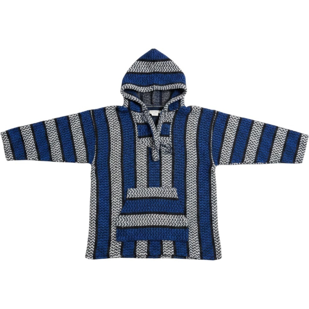 Oland Outdoors Mens Baja Hoodie Blue Black White Striped Mexican Poncho M OL912